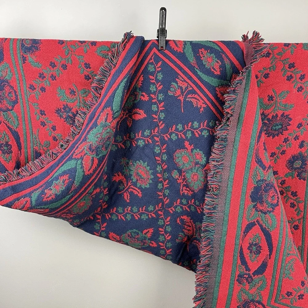 Vintage 90s Floral Tapestry Fringed Throw Blanket Grandma Cottagecore Boho 50x66
